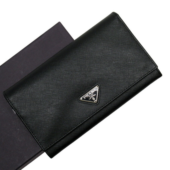 Prada Long Leather Fold Saffiano Triangle Black Wallet - Picture 1 of 3